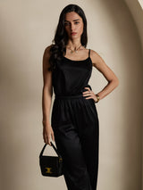 [Svart] SilkSilky-NO 19Momme Spaghetti Stropp Dyp Rund Halsutringning Camisole Topp 001
