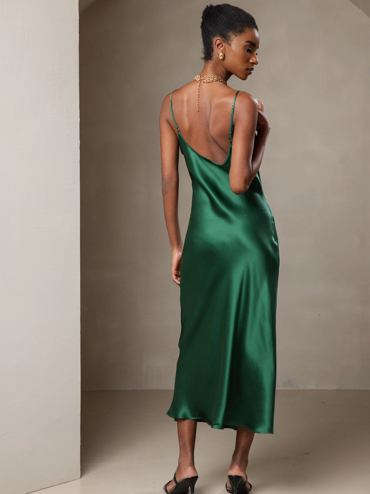 [Grønn] SilkSilky-NO Pure Silk Sleeveless Round Neck Kjole 002