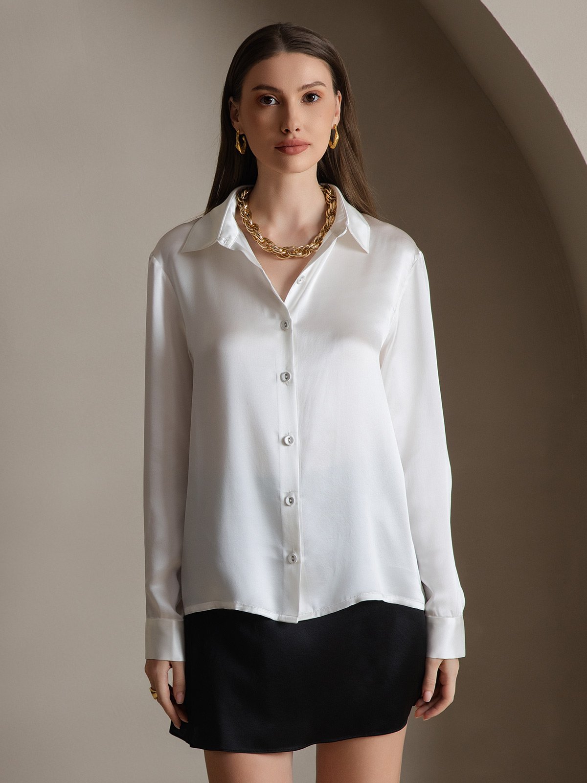 [Hvit] SilkSilky-NO 19Momme Silke Womens Shirt 006