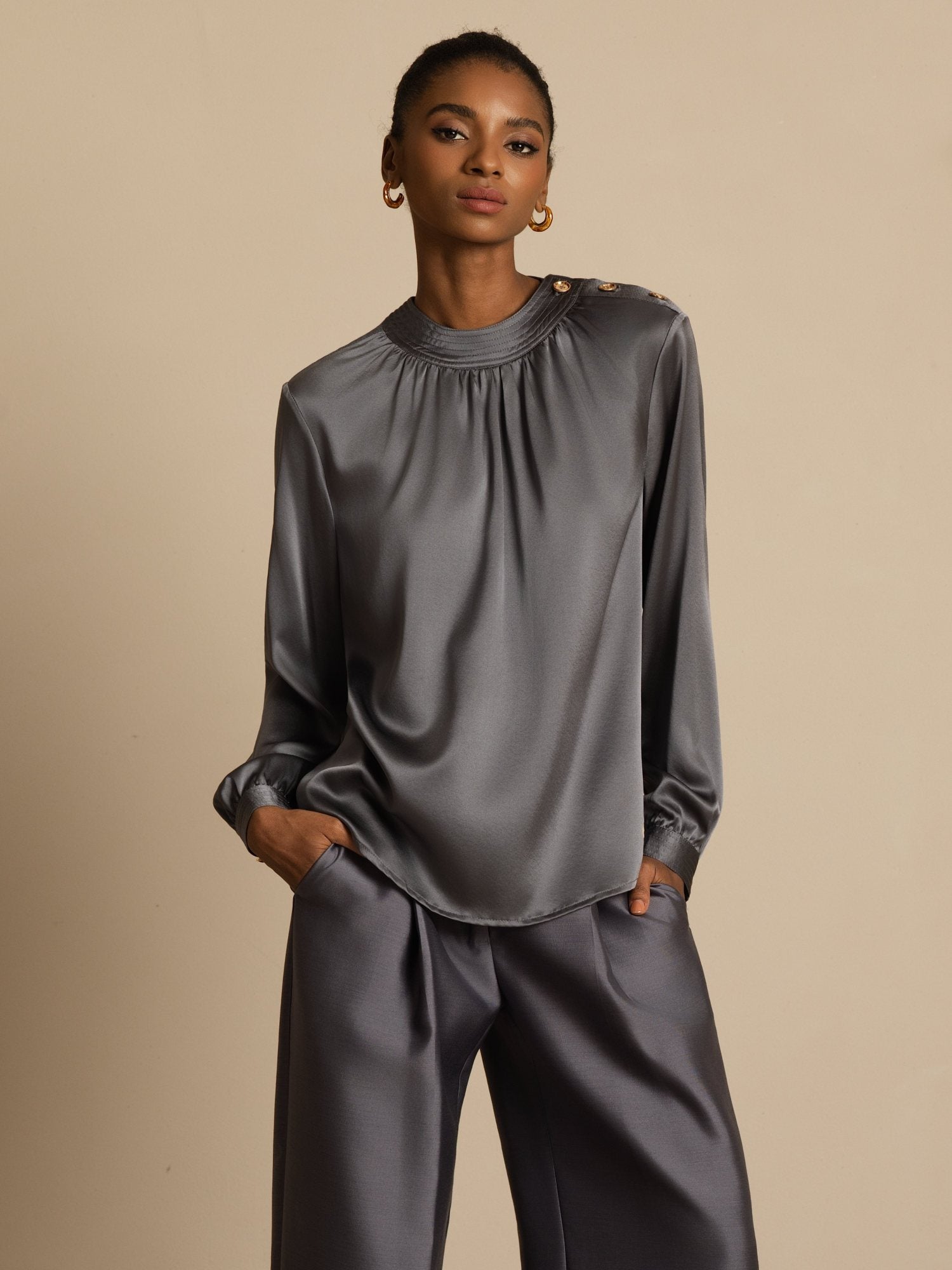 [Mørkegrå] SilkSilky-NO 19Momme Silke Langermet Rund Hals Bluse 004