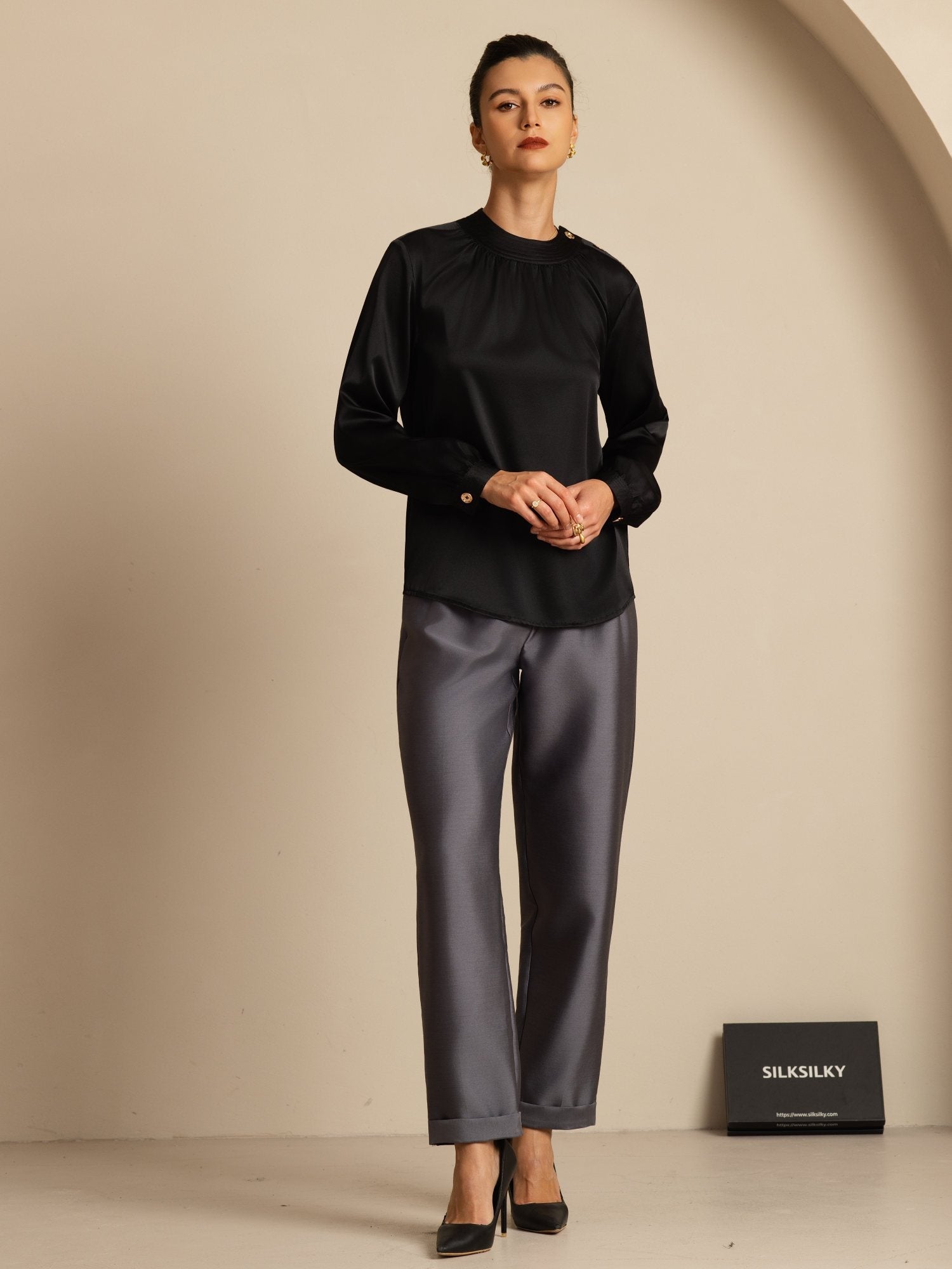 [Svart] SilkSilky-NO 19Momme Silke Langermet Rund Hals Bluse 007