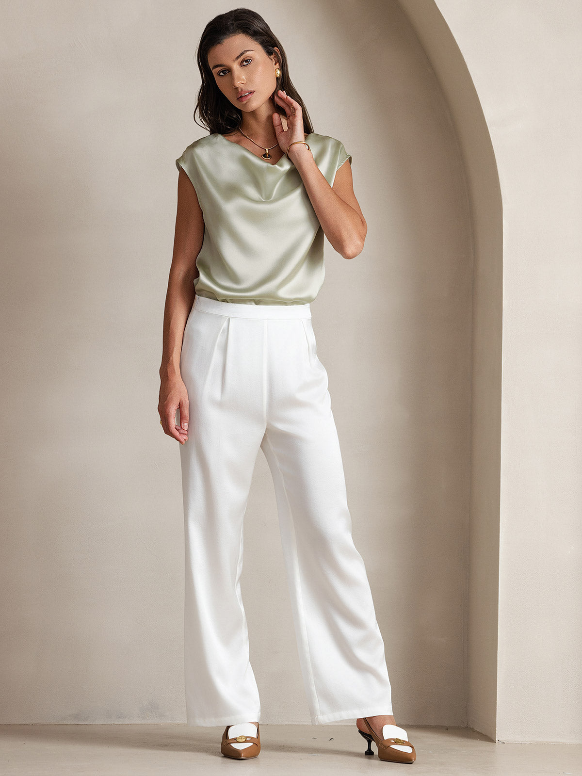 [Lysegrønn] SilkSilky-NO 19Momme Silke Cowl Neck T-skjorte for Kvinner 008