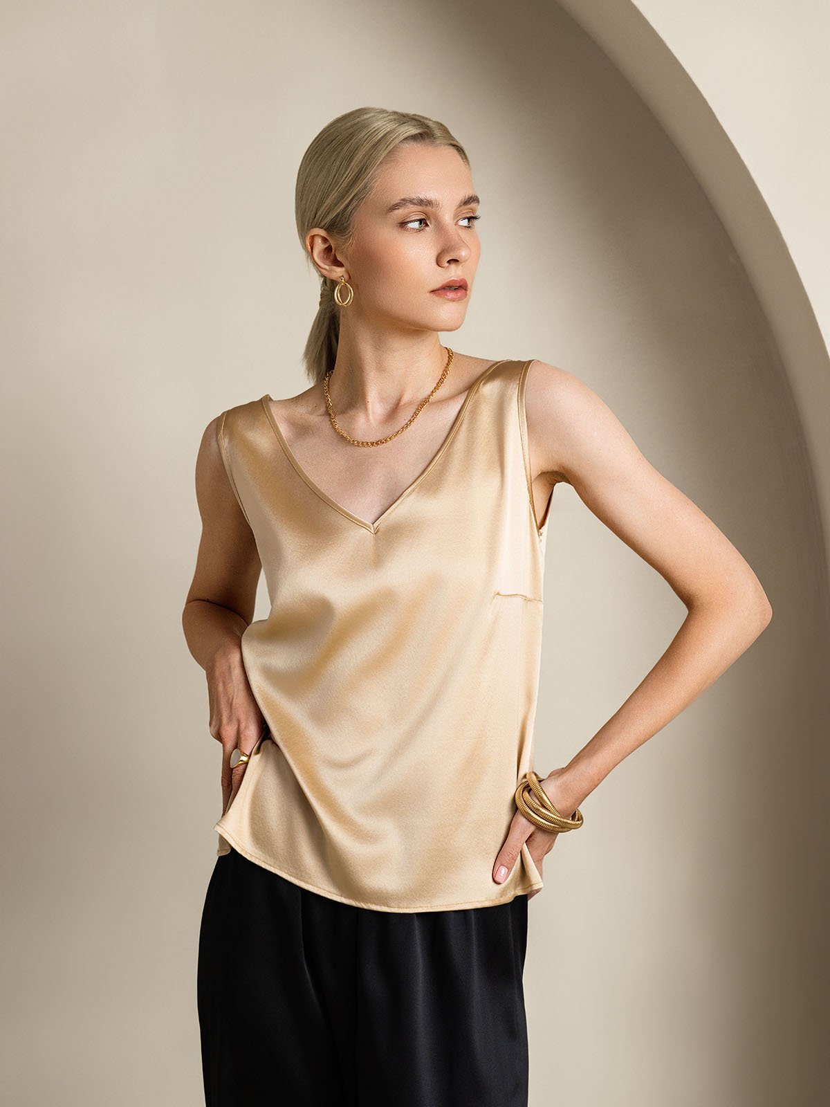 [Champagne] SilkSilky-NO 19Momme Silke V-Hals Camisole Topp 001