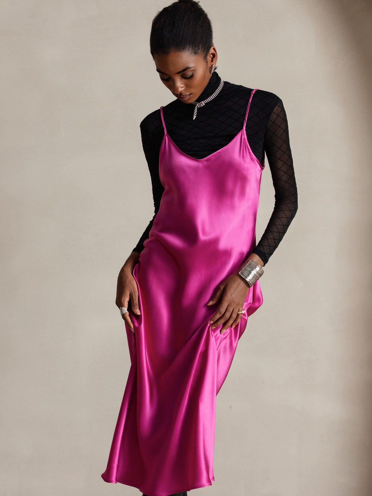 [Rosenrød] SilkSilky-NO Pure Silk Sleeveless Round Neck Kjole 005