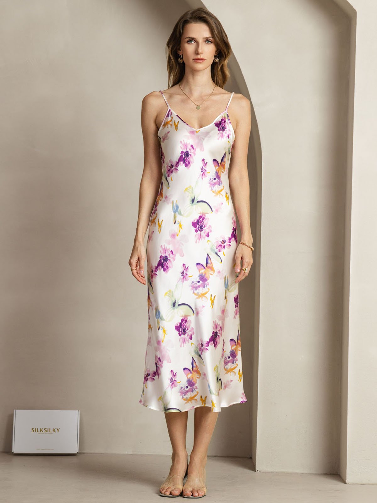 [Akvarellblomster] SilkSilky-NO 19Momme Silke V-Hals Kjole 001
