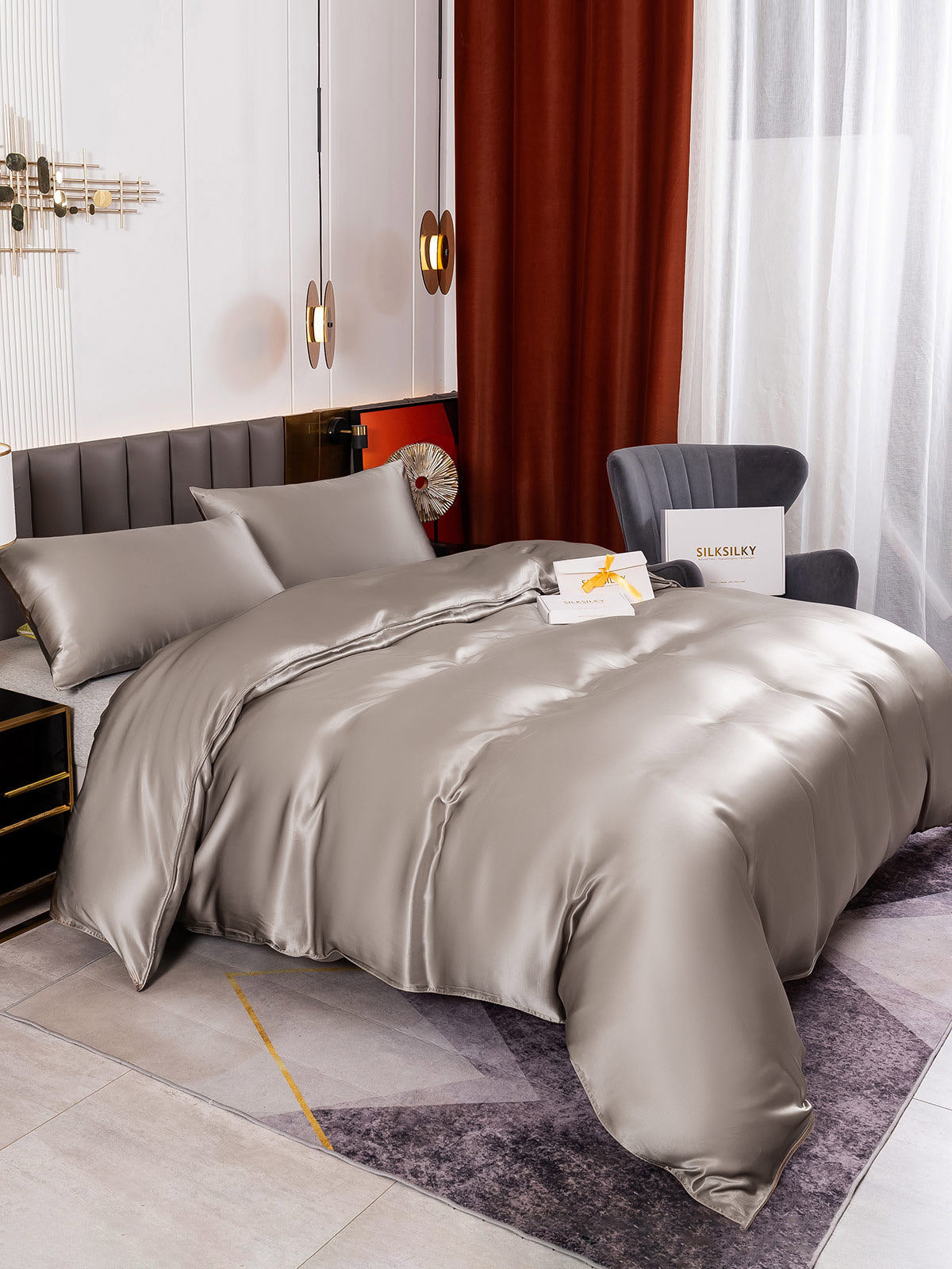 [Grå] SilkSilky-NO 19Momme Bedding Set 004