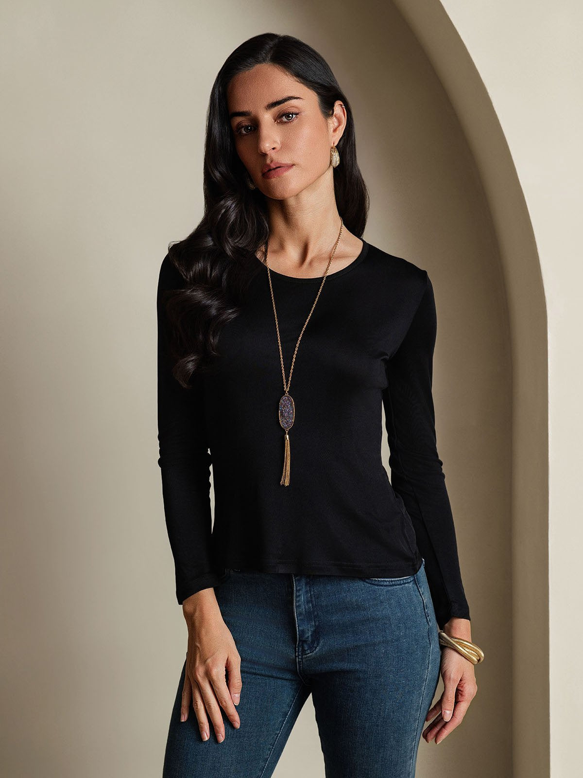 [Svart] SilkSilky-NO Silke Long Sleeve Round Neck T-skjorte for Kvinner 003