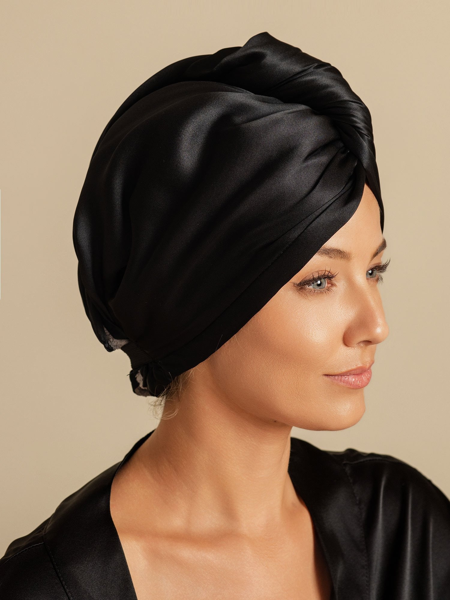 [Svart] SilkSilky-NO Silke Hair Towel Wrap 005,
