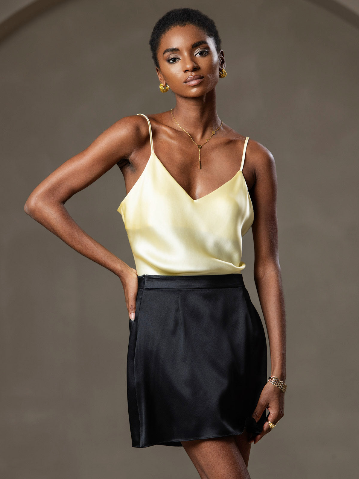 [Lys Gul] SilkSilky-NO V-Hals Camisole Topp 005