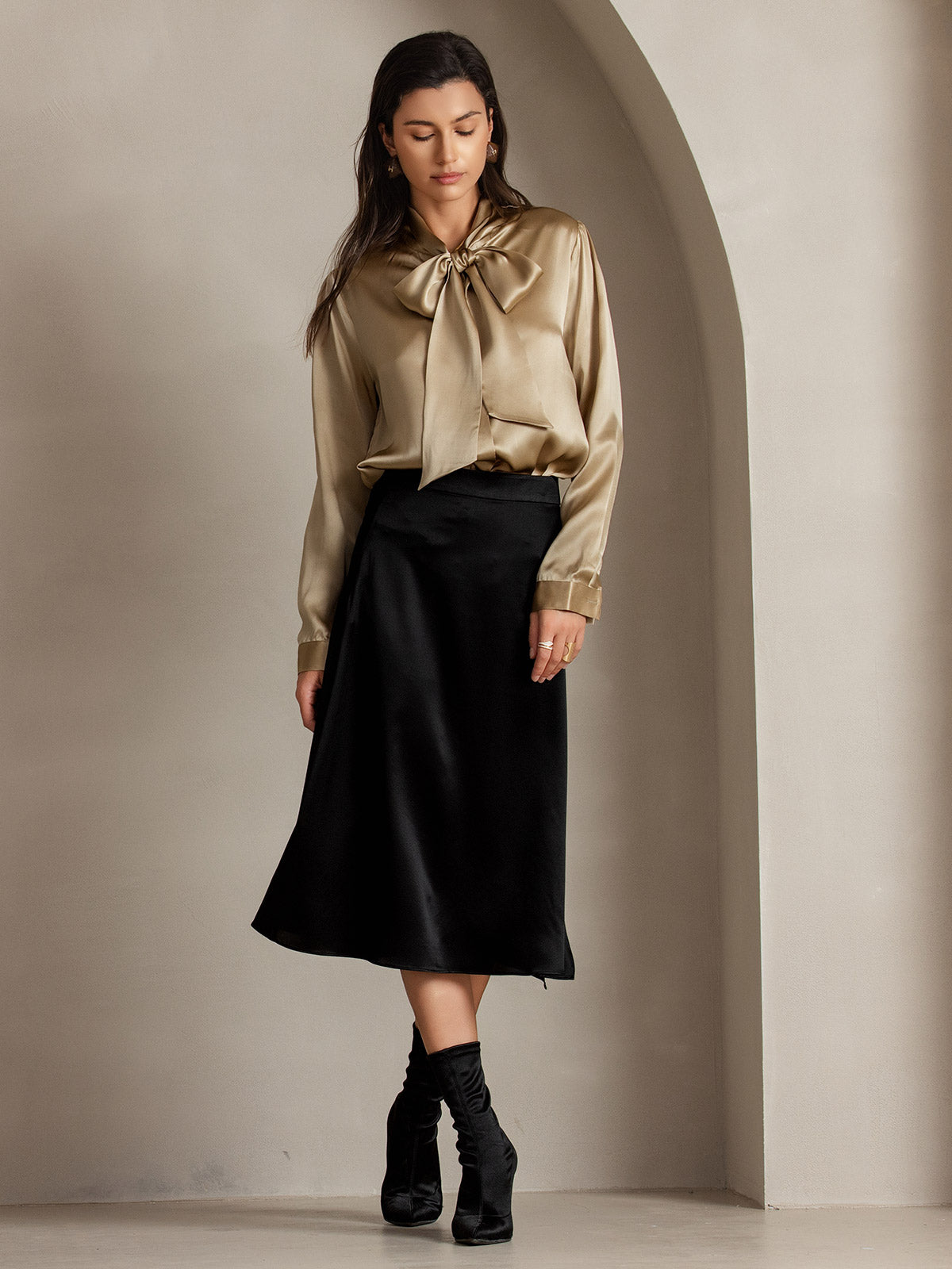 [Champagne] SilkSilky-NO 19Momme Silke Long Sleeve Tie Neck Skjorte for Kvinner 006