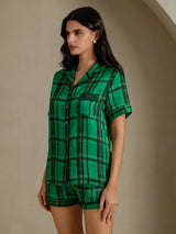 [Grønt Rutemønster] SilkSilky-NO Short Sleeve Notch Collar Pyjamas for Kvinner 003