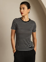 [Svart Stripe] SilkSilky-NO Short Sleeve Crew Neck T-skjorte for Kvinner 001