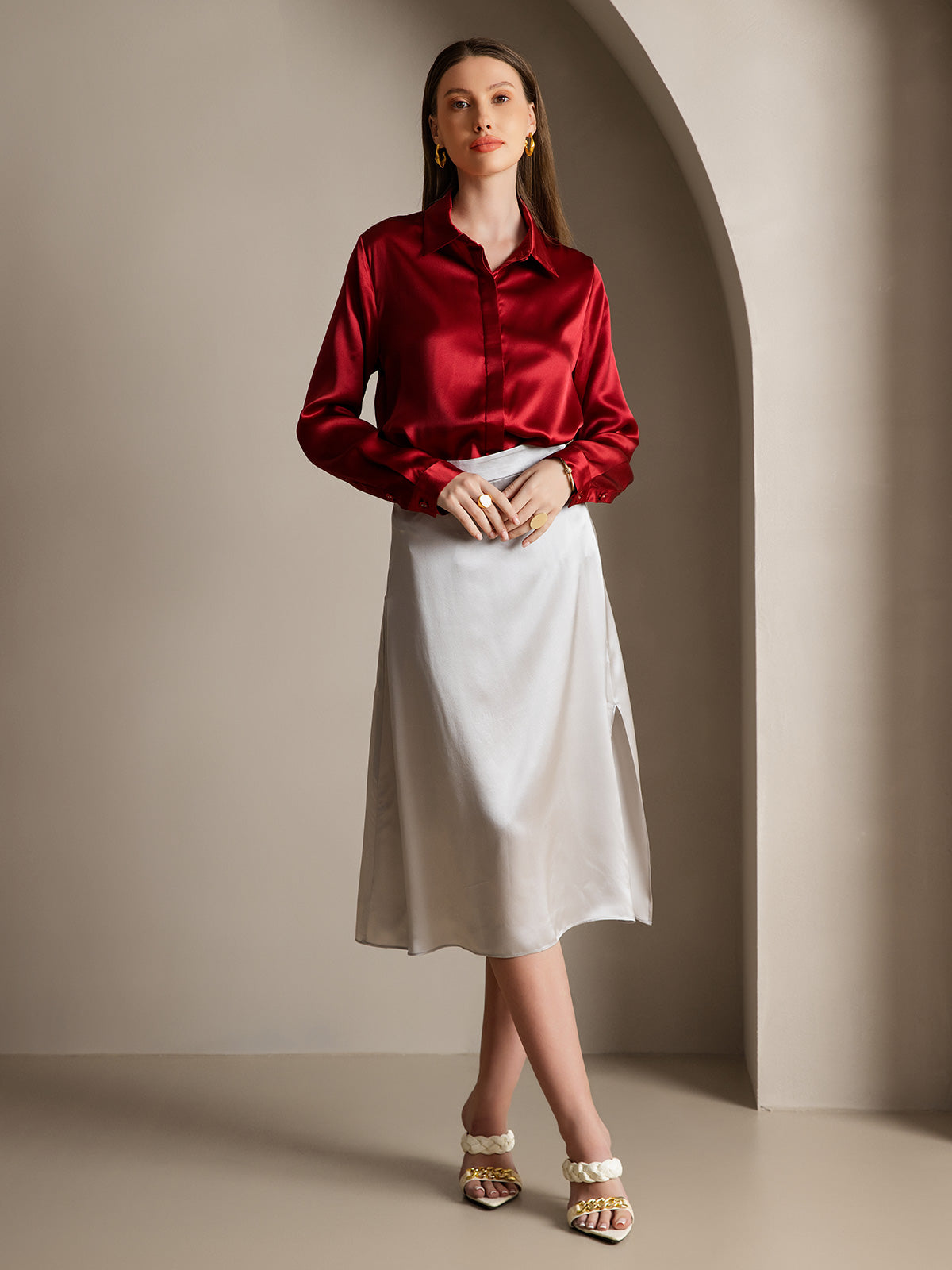 [Vin] SilkSilky-NO 19Momme Silke Lapel Collar Skjorte for Kvinner 007