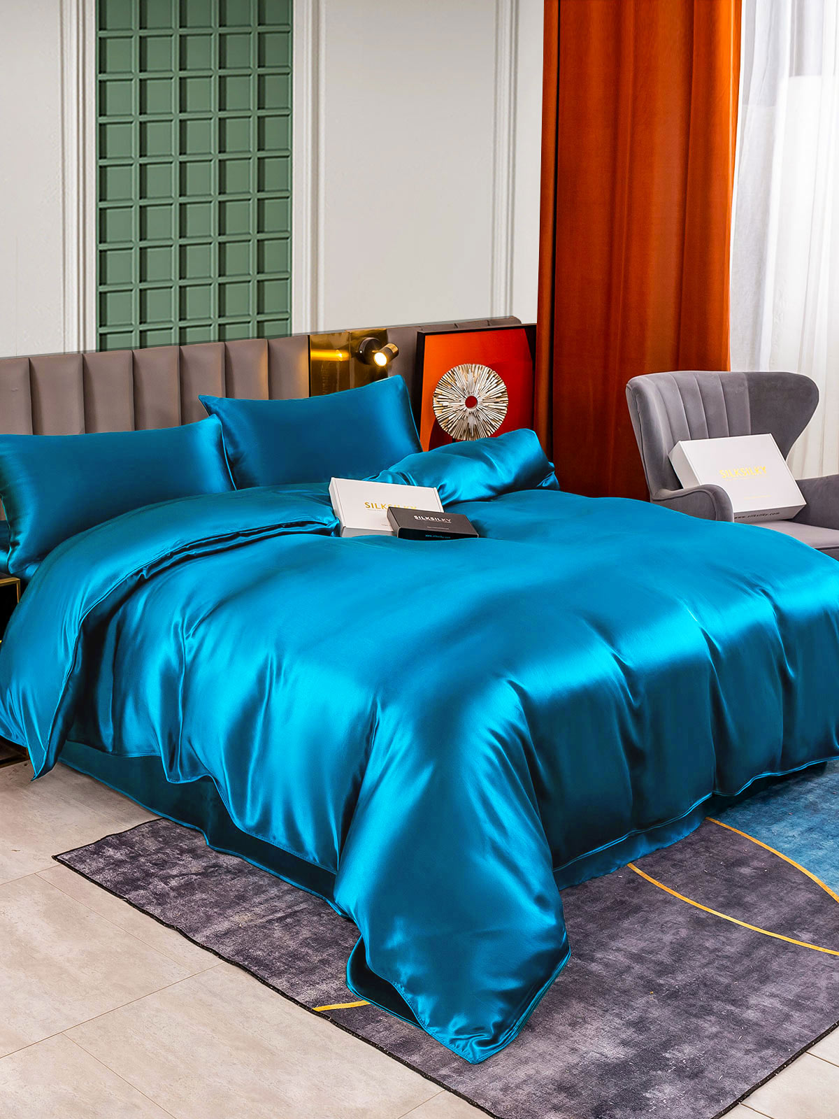 [Blågrønn] SilkSilky-NO 25Momme Bedding Set 004