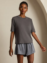 [Grå] SilkSilky-NO Halv erme Crew Neck T-skjorte for Kvinner 006