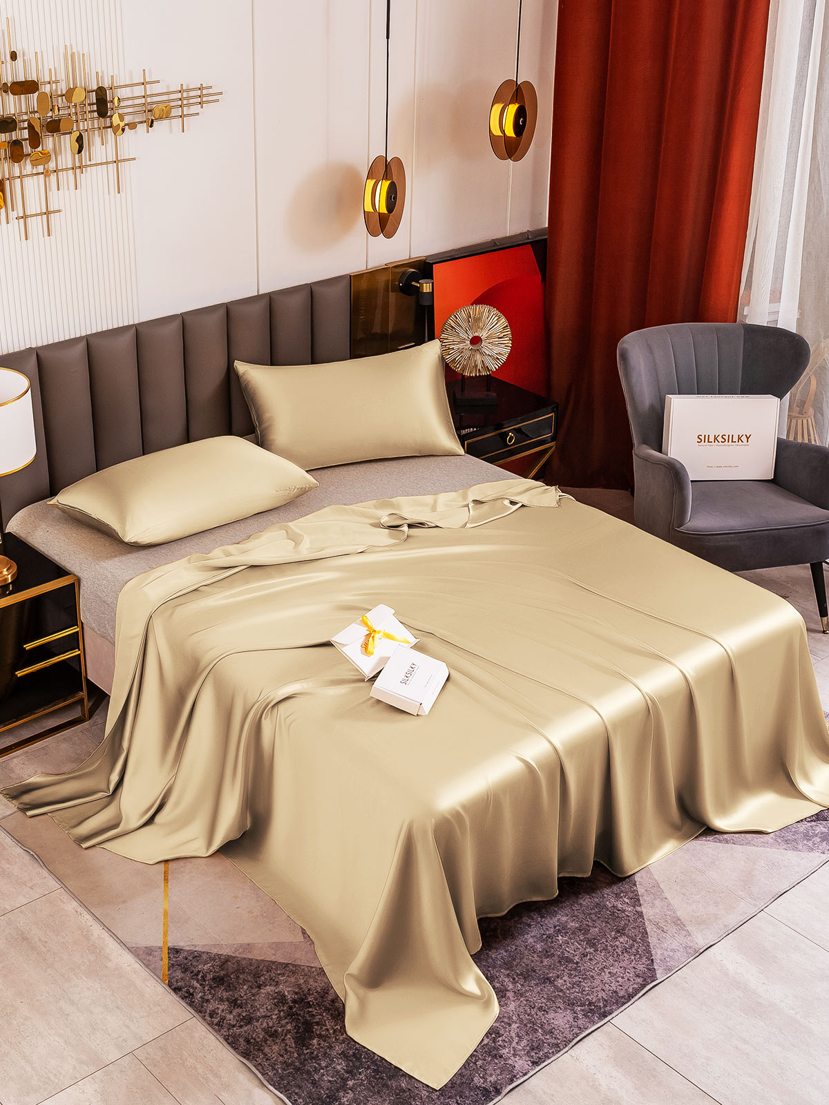 [Beige] SilkSilky-NO 19Momme Bedding Set 001