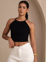 [Svart] SilkSilky-NO Sleeveless Crew Neck Camisole Topp 003
