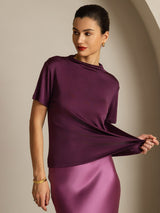 [Lilla] SilkSilky-NO 100% Silk Jersey Short Sleeve Falsk Krage T-skjorte for Kvinner 001