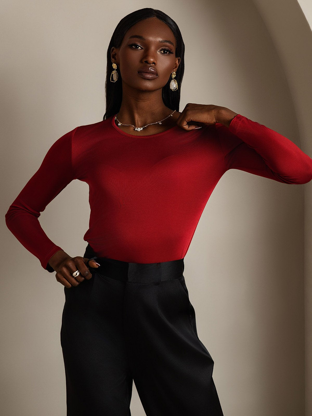 [Vin] SilkSilky-NO Silke Long Sleeve Round Neck T-skjorte for Kvinner 004