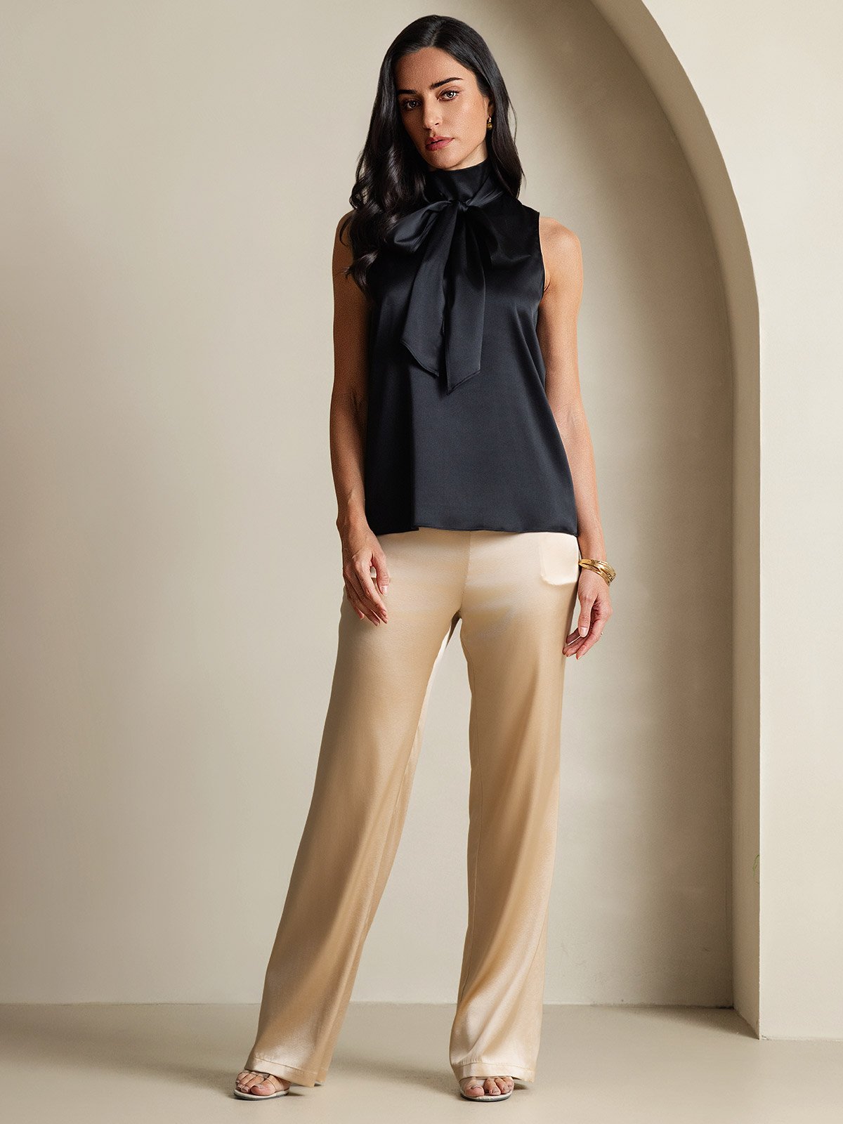 SilkSilky-NO 19Momme Silke Womens Shirt Svart 009