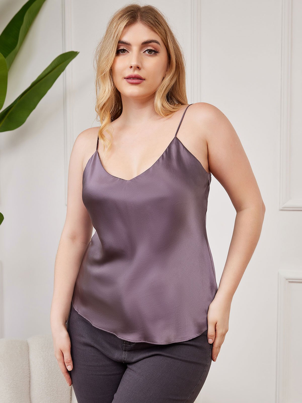 [Lilla Grå] SilkSilky-NO Pure Silk V-Hals Plus Size Camisole Top 003