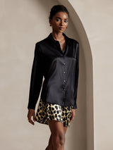 [Svart] SilkSilky-NO Long Sleeve Lapel Collar Skjorte for Kvinner 003