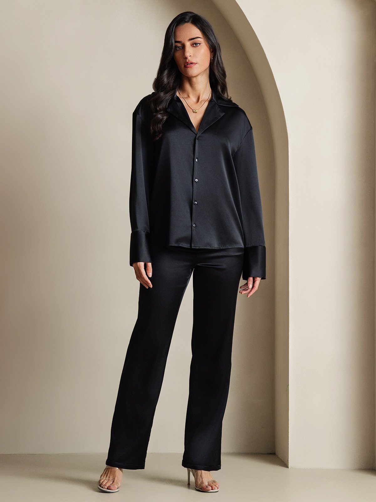 [Svart] SilkSilky-NO 19Momme Silke Notch Collar Skjorte for Kvinner 006