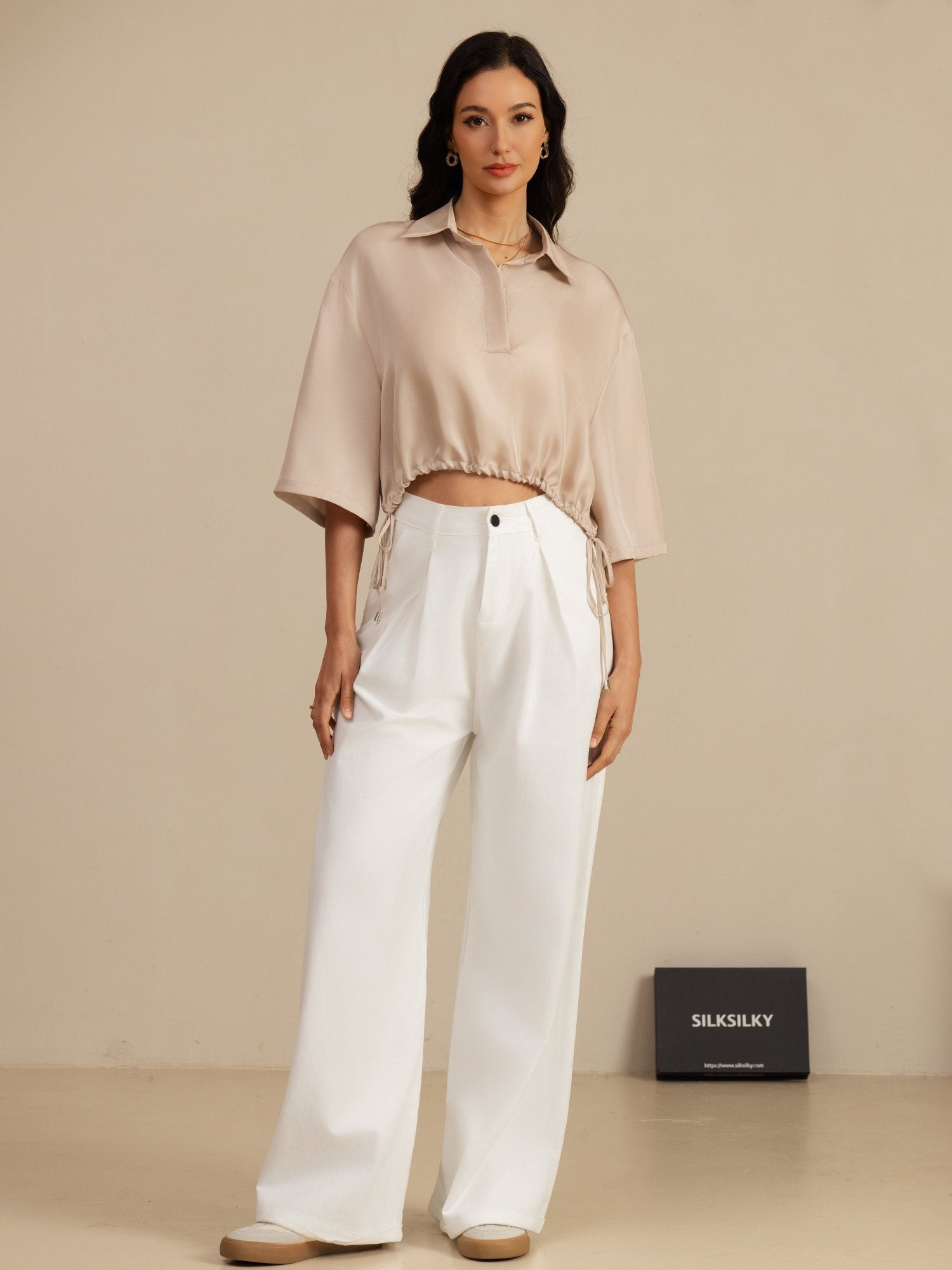 [Tan] SilkSilky-NO 18Momme Halv erme Slagkrage Bluse 006