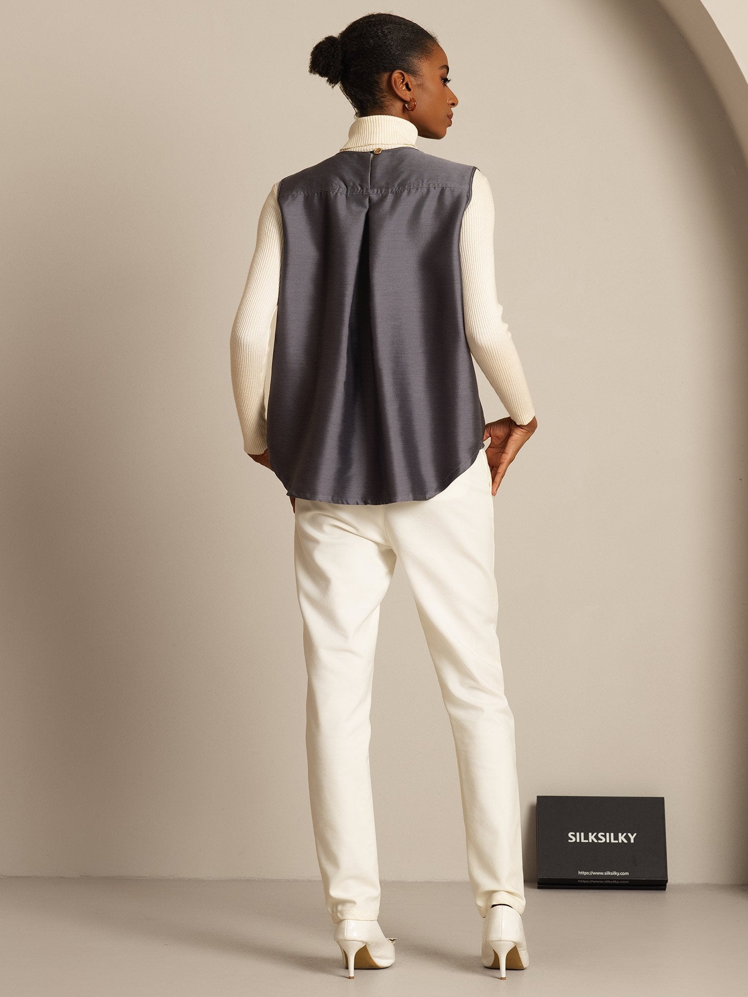 [Grå] SilkSilky-NO 32Momme Silk-Wool Blend Womens Vest 002,