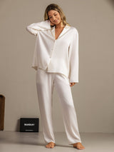 [Hvit] SilkSilky-NO 19Momme Langermet Notchkrage Pyjamas for Kvinner 007