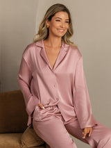 [Ferskenhud] SilkSilky-NO 19Momme Langermet Notchkrage Pyjamas for Kvinner 008