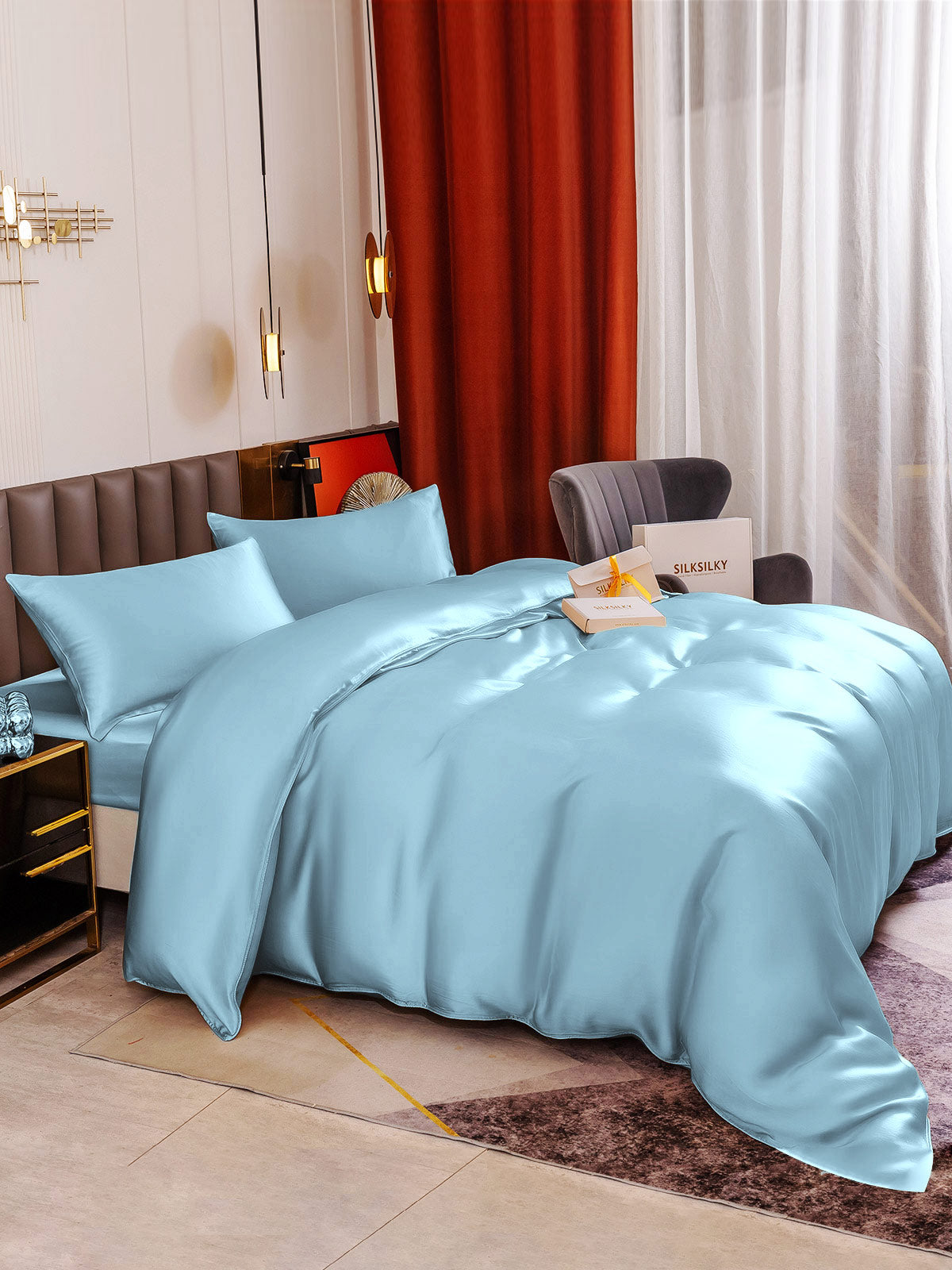 [Lyse Blå] SilkSilky-NO 19Momme Bedding Set 006