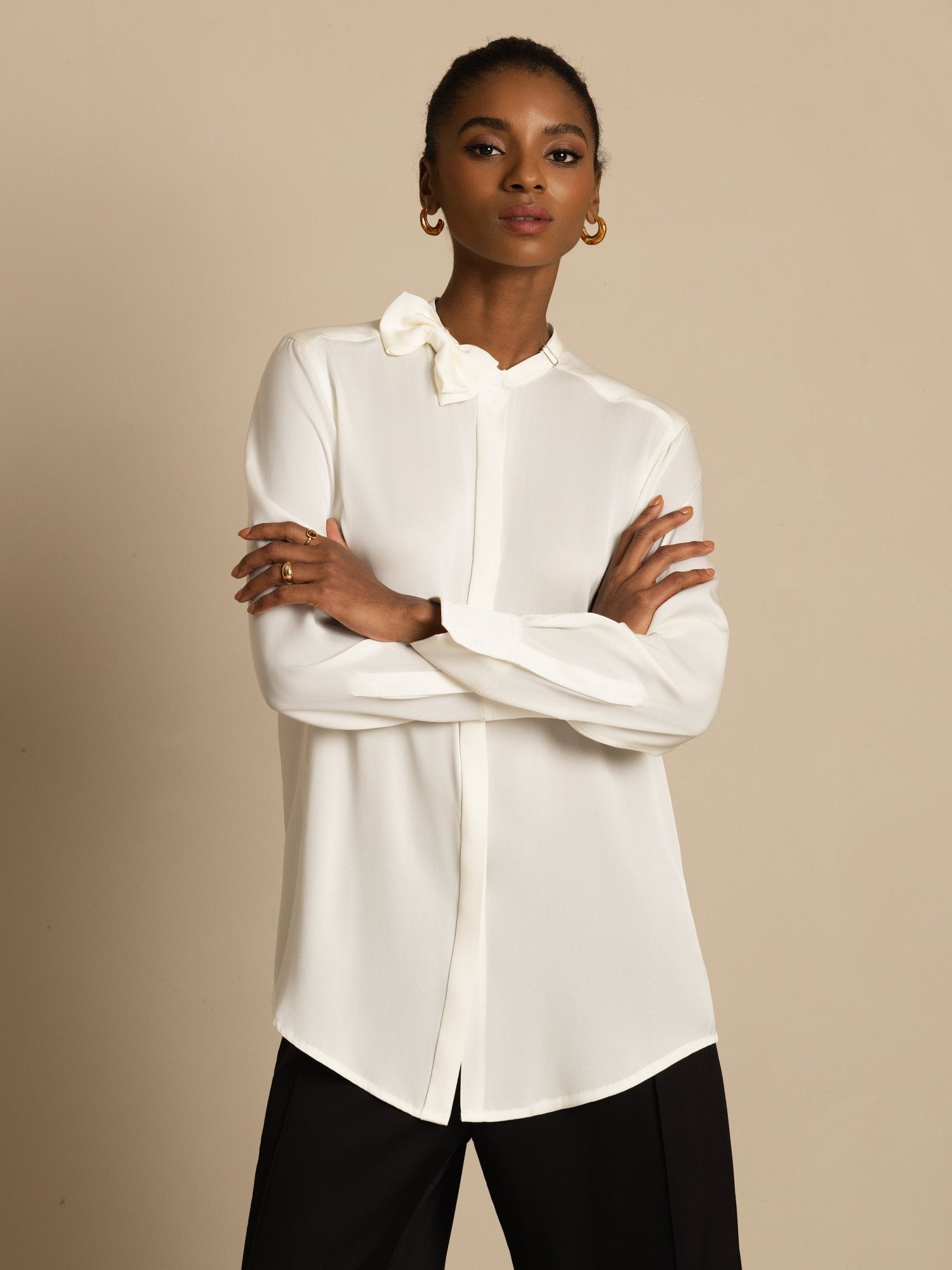 [Hvit] SilkSilky-NO 19Momme Silke Langermet Ståkrave Bluse 003