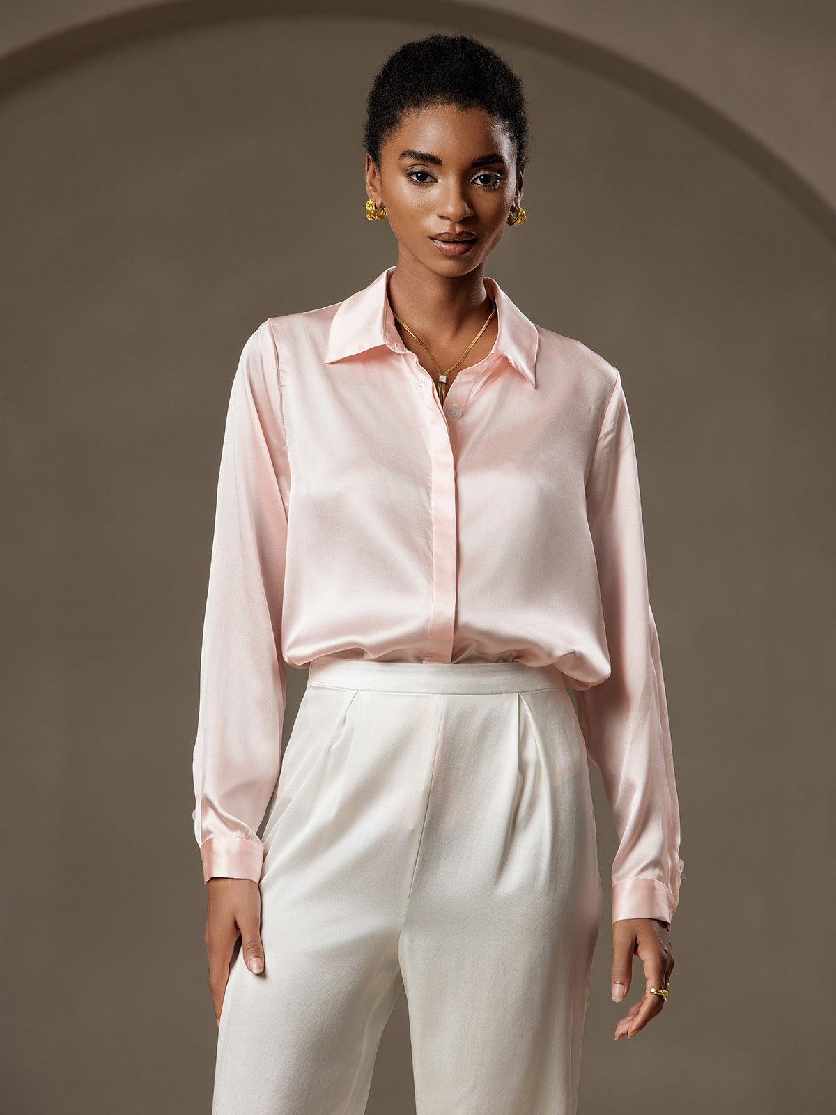 [Rosa] SilkSilky-NO 19Momme Silke Lapel Collar Skjorte for Kvinner 005