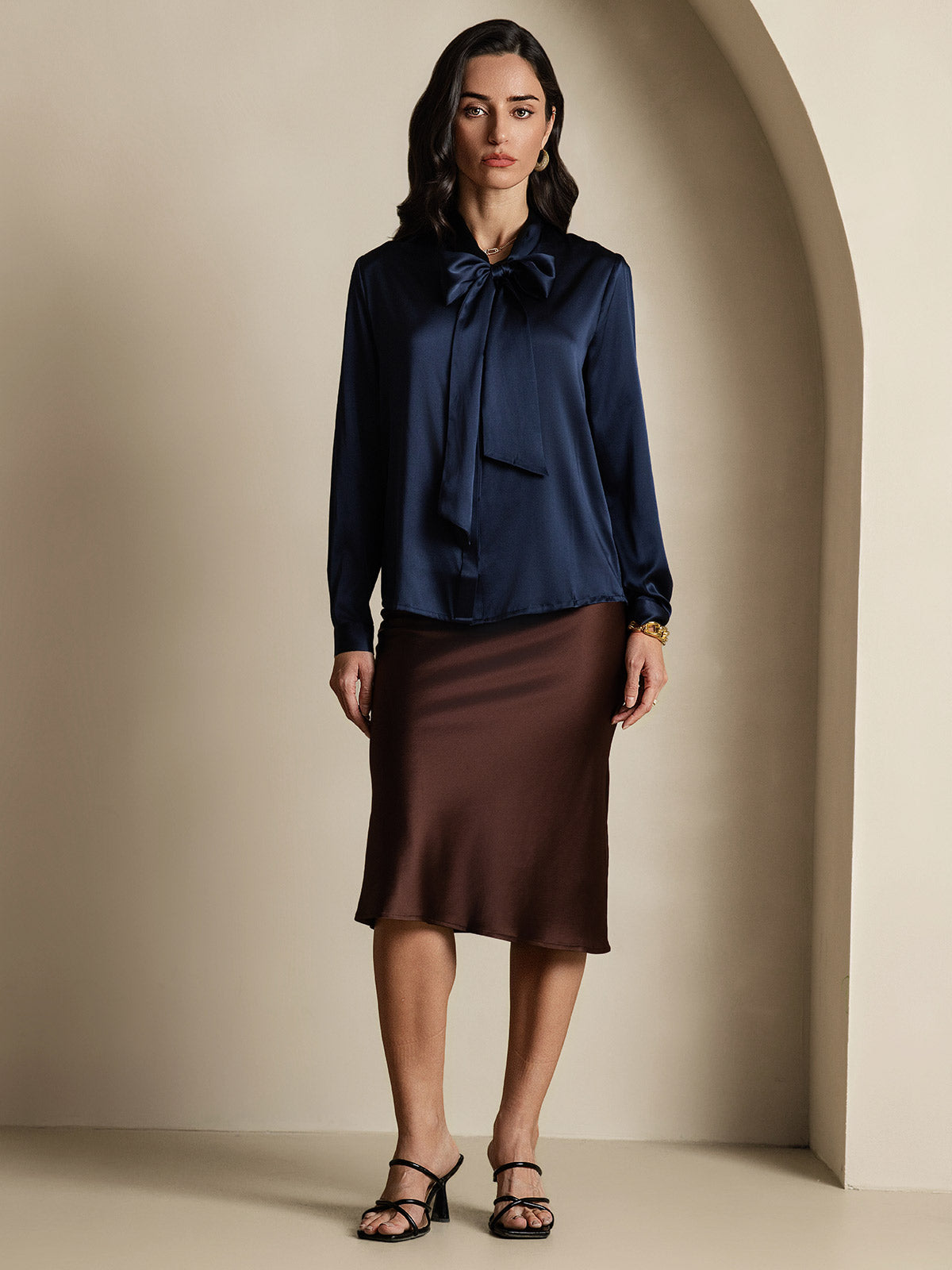 [Mørke blå] SilkSilky-NO 19Momme Silke Long Sleeve Tie Neck Skjorte for Kvinner 006