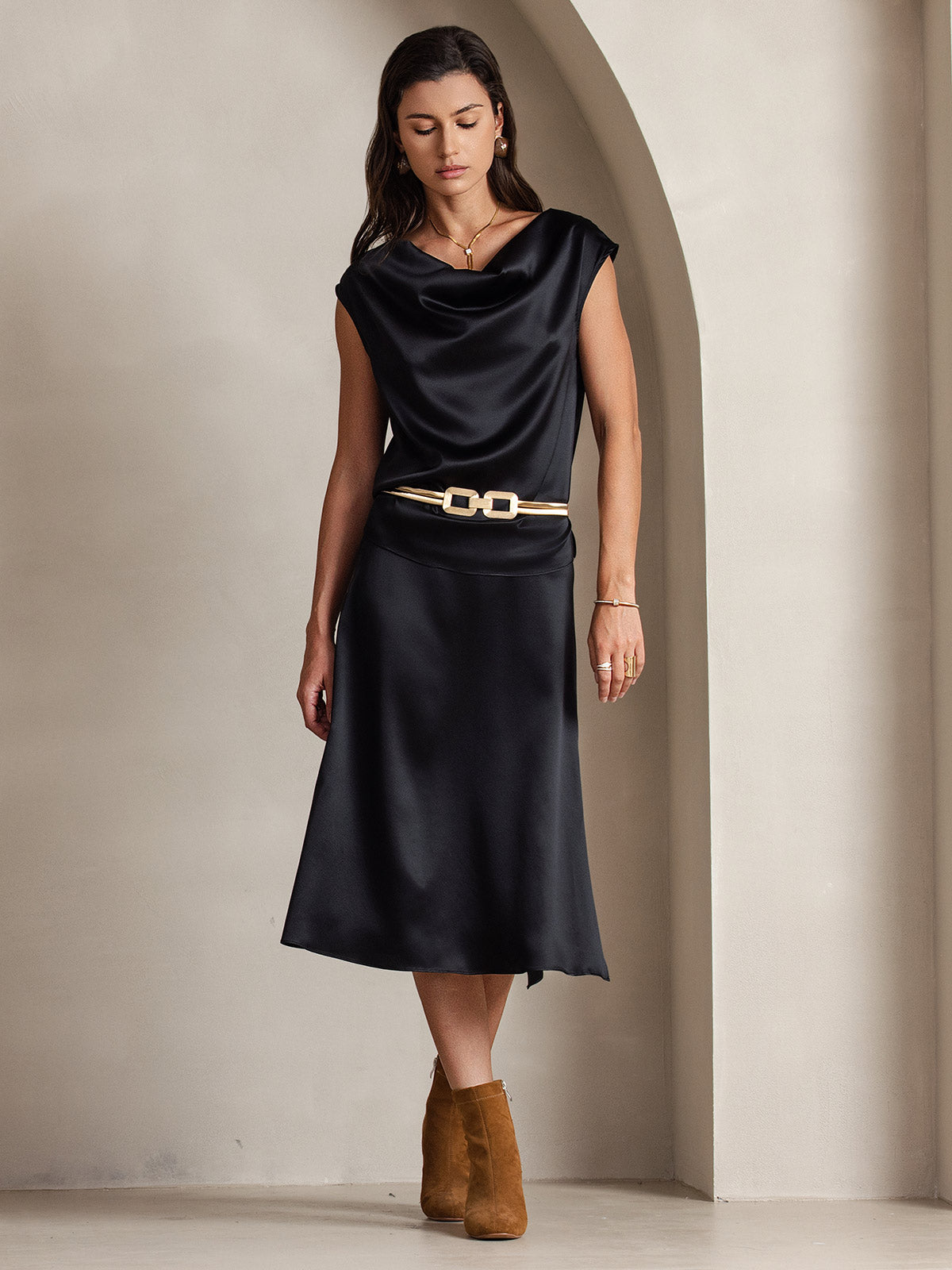 [Svart] SilkSilky-NO 19Momme Silke Cowl Neck T-skjorte for Kvinner 003