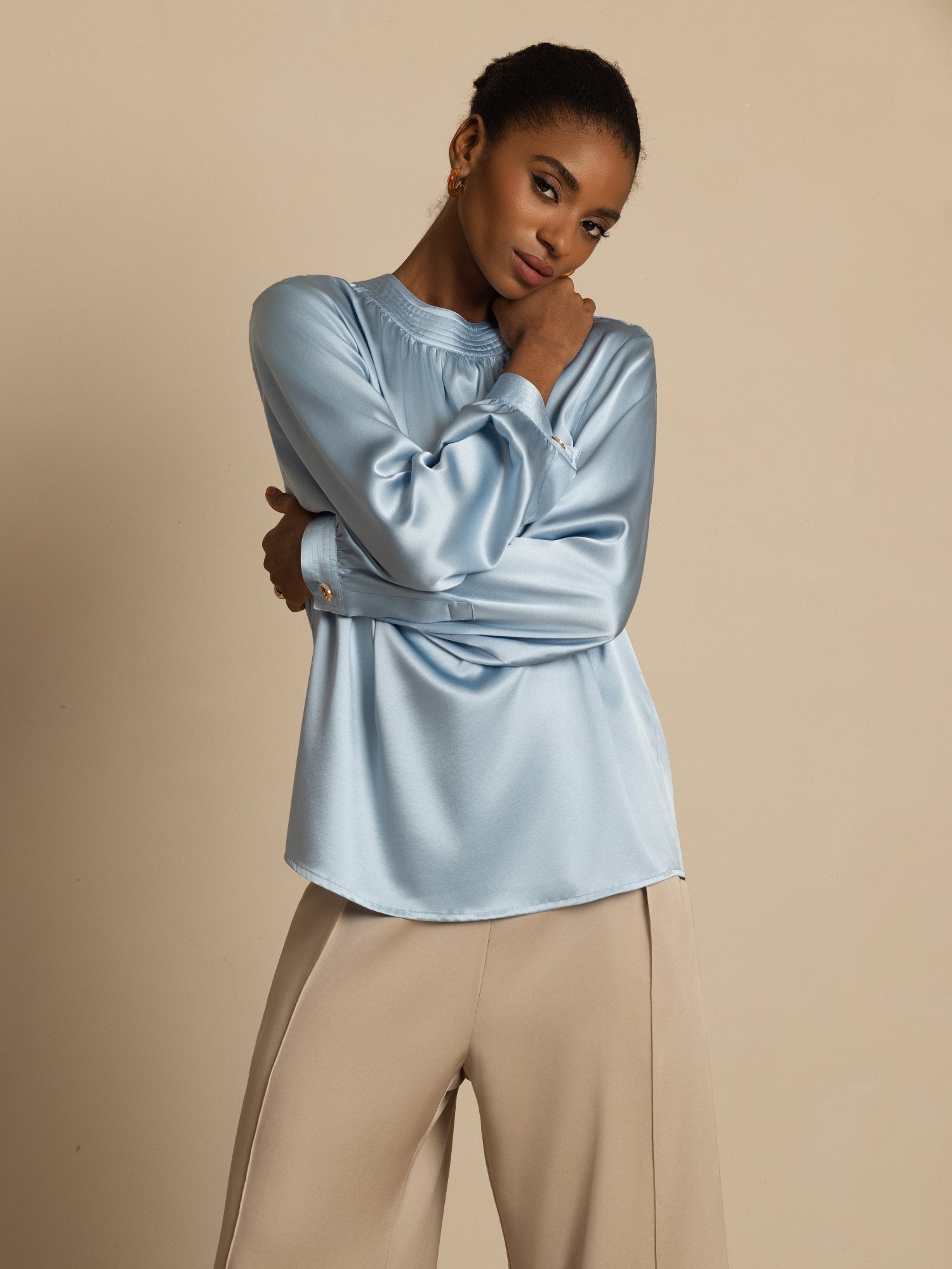 [Gråblå] SilkSilky-NO 19Momme Silke Langermet Rund Hals Bluse 005