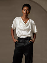 [Hvit] SilkSilky-NO Short Sleeve Cowl Neck Damebluser 001