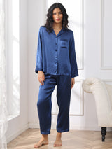 [Mørke blå] SilkSilky-NO Long Sleeve Lapel Collar Pyjamas for Kvinner 003
