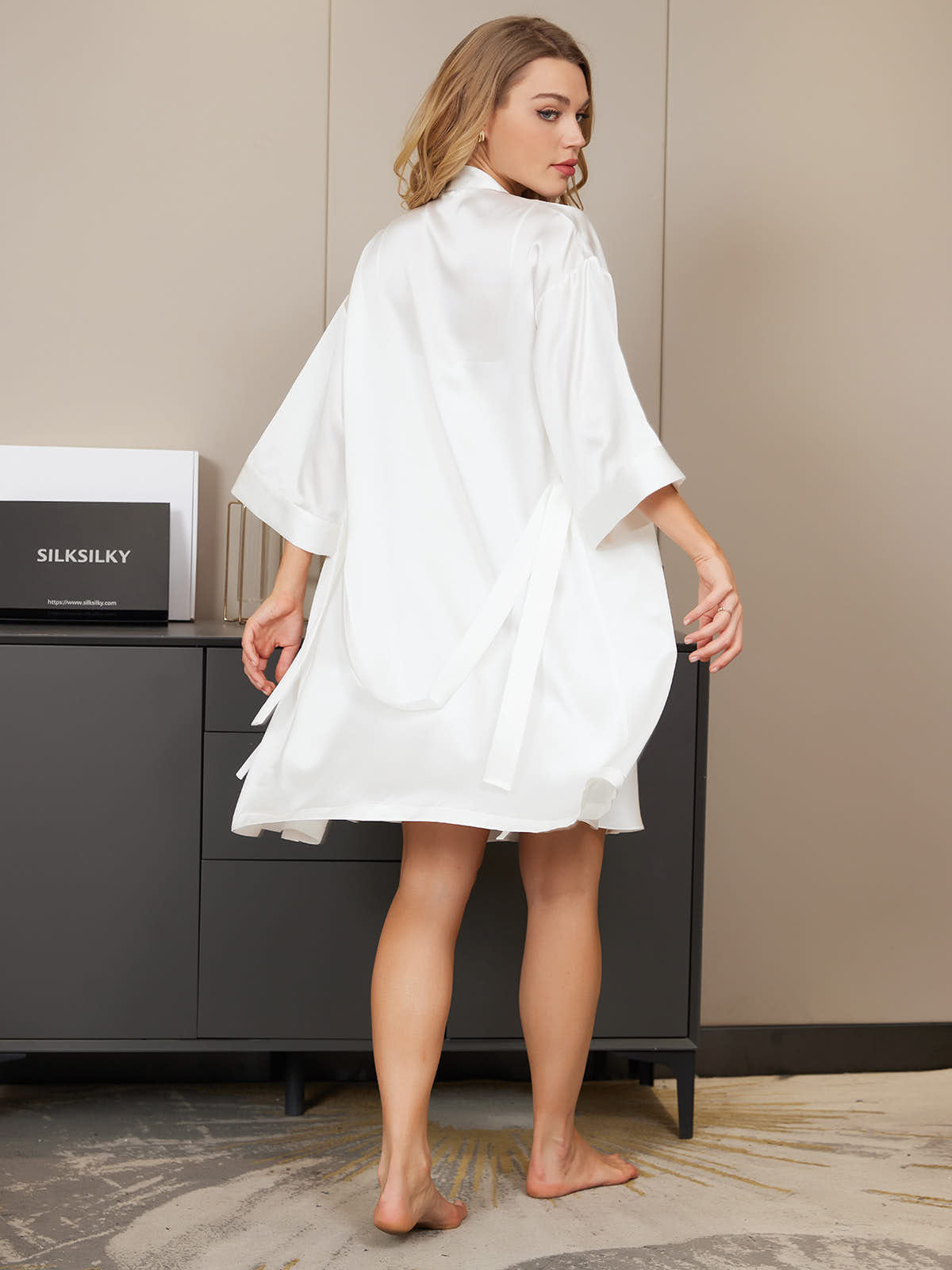 [Hvit] SilkSilky-NO Silke Nightgown&Robe Set 002