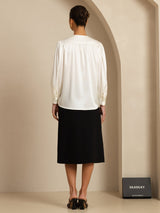 [Hvit] SilkSilky-NO 19Momme Long Sleeve Round Neck Bluse 002