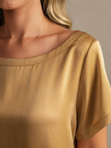 [Tan] SilkSilky-NO 19Momme Kort erm Rund Hals Pyjamas for Kvinner 004