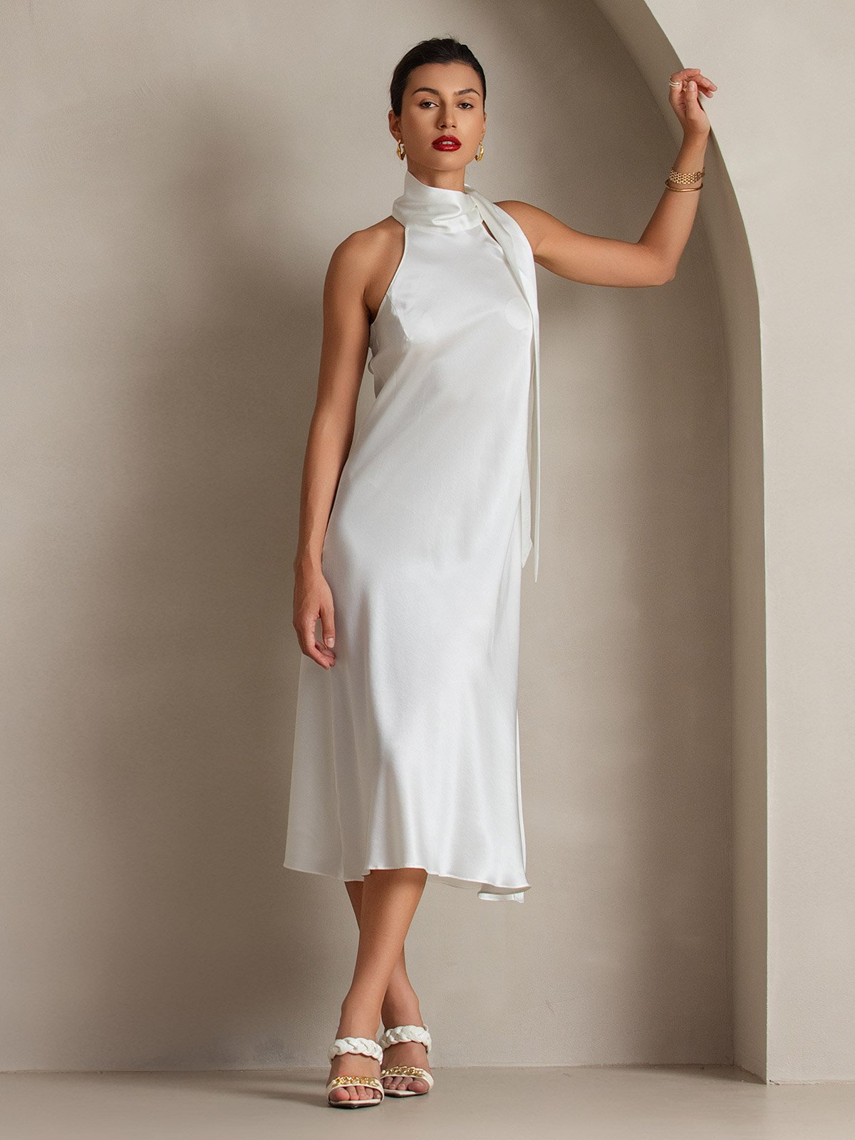 SilkSilky US 19Momme Silk Blend Sleeveless Tie Neck Dress White 005