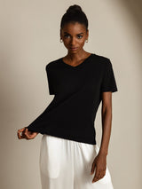 [Svart] SilkSilky-NO Short Sleeve V Neck T-skjorte for Kvinner 006