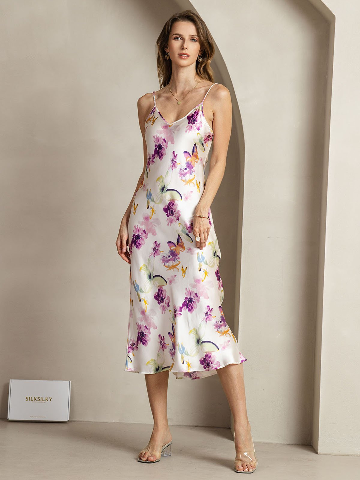 [Akvarellblomster] SilkSilky-NO 19Momme Silke V-Hals Kjole 003