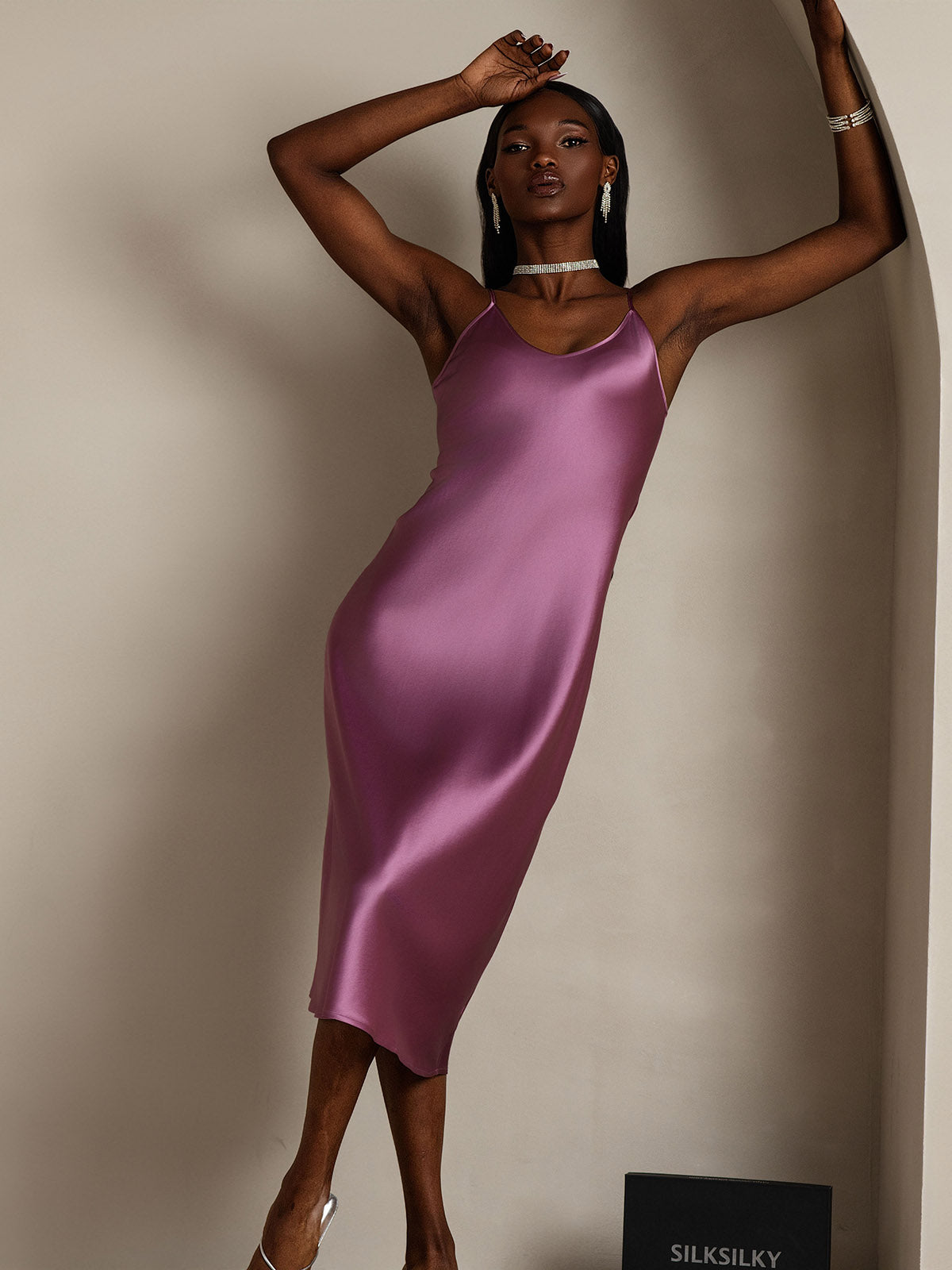 [Mørklilla] SilkSilky-NO Pure Silk Sleeveless Round Neck Kjole 001