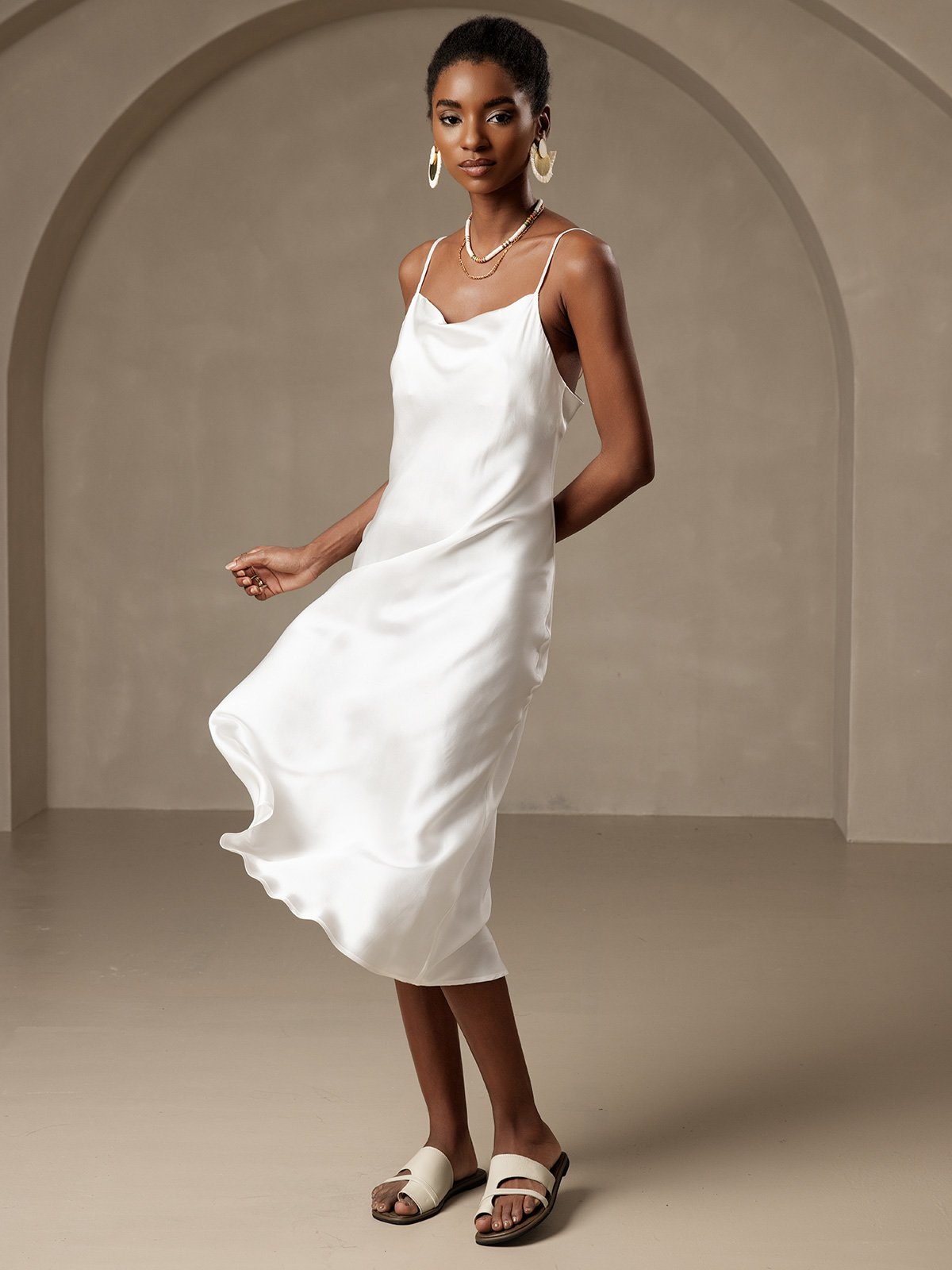 SilkSilky US Pure Silk Sleeveless Cowl Neck Dress White 003