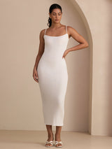[Hvit] SilkSilky-NO Spaghetti Strap Boat Neck Kjole 006