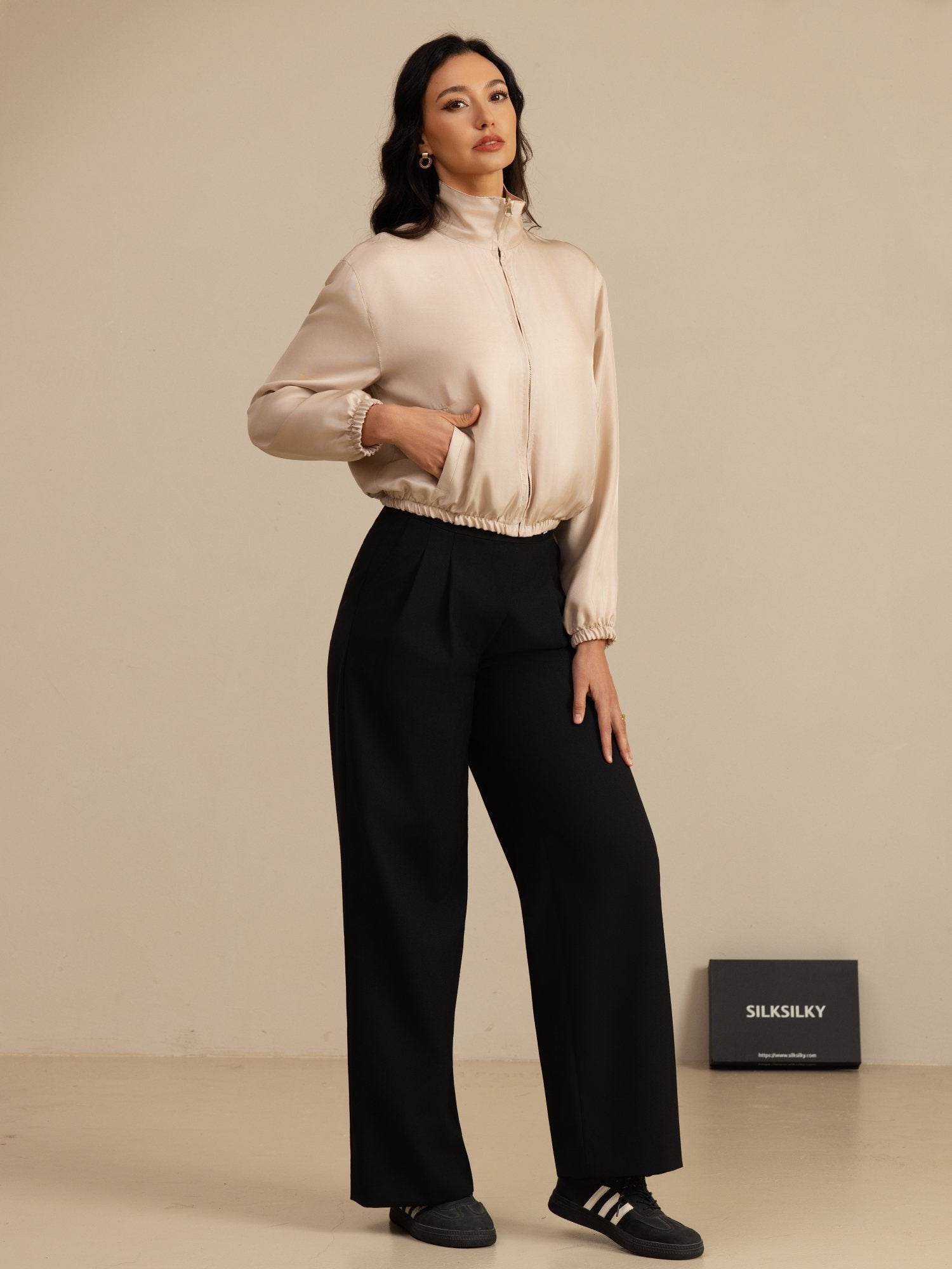 [Tan+Rosa] SilkSilky-NO 18Momme Langermet Ståkrave Yttertøy for Kvinner 008