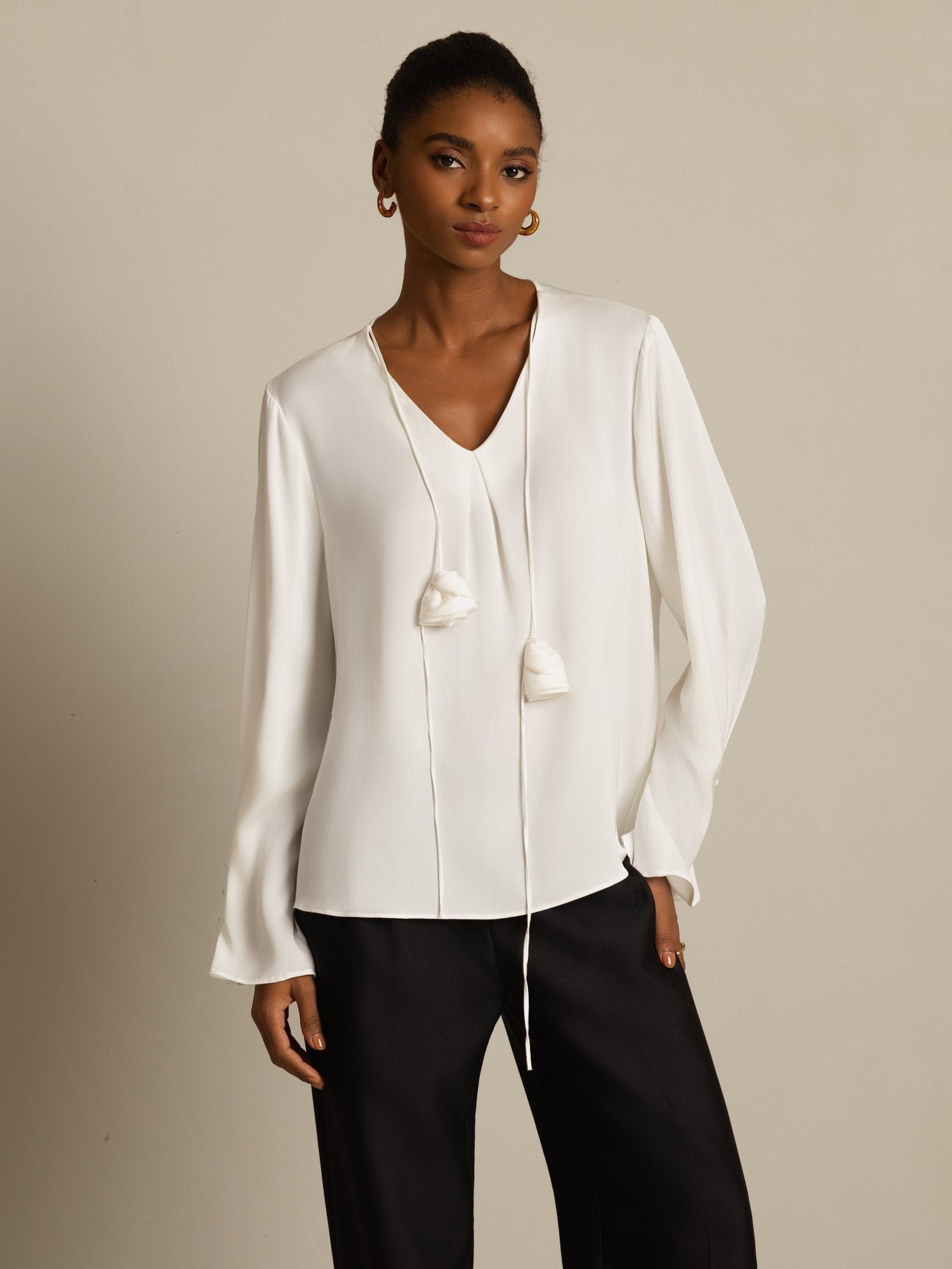 [Hvit] SilkSilky-NO 19Momme Silke Langermet V Hals Bluse 001